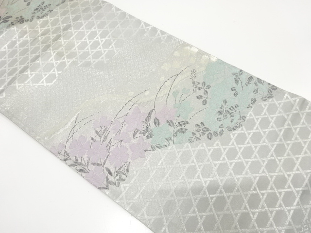 アンティーク　川島織物製　道長取りに秋草・籠目模様織り出し袋帯（材料）